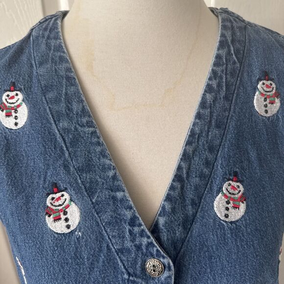 Jane Ashley Vintage Denim Maxi Dress Med Embroidered Snowmen Pockets Y2K Blue - Picture 2 of 12
